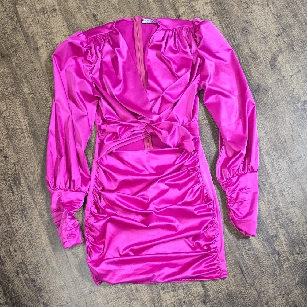 GLAMAKER SHEIN Elegant Hot Pink Satin Dress Cutout Rouched Womens S